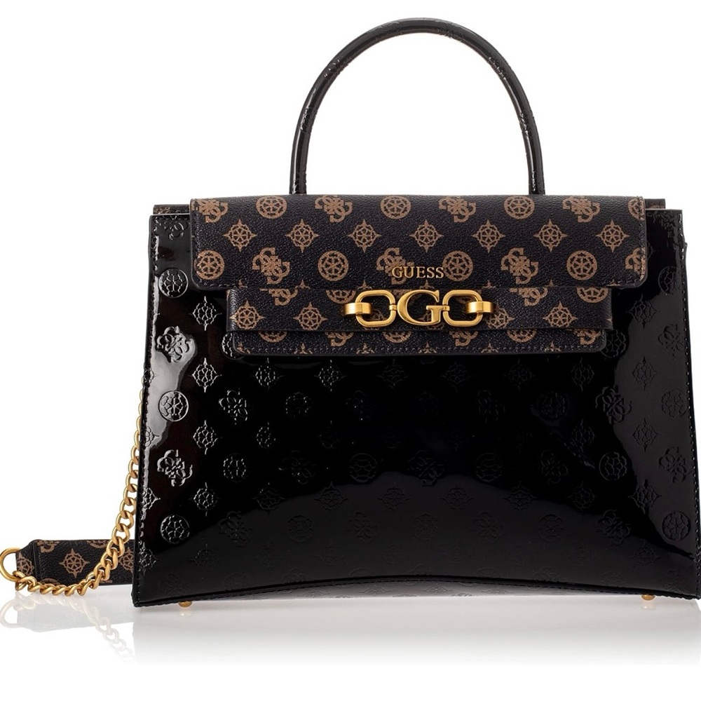 GUESS Black and Brown Satchel with Gold Accents